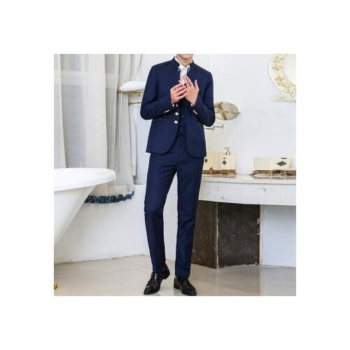 2020 Navy Blue Stand-collar Suit Men 3 pieces Slim fit Fashion Man Tuxedo Formal Blazer Groom Wedding Suit Jacket Vest Pants Set