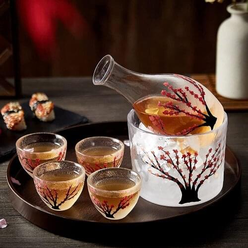 6 pcs Japanese Sake Set for 4 Cold/Warm/Hot Sake Carafe Handcraft Pink Cherry Blossoms Design Japanese Gifts Set