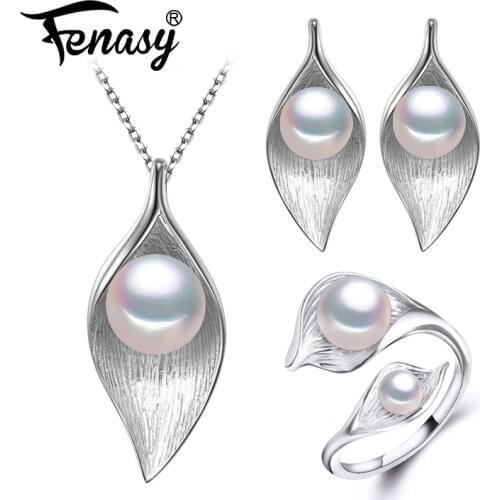 FENASY Natural Pearl Jewelry Sets 925 Sterling Silver pendant Necklace for women leaf Pearl Earrings and wedding party rings