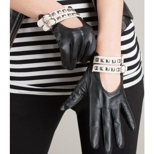 Unisex Genuine Sheepskin Leather Hollow Out Gloves Motor Cool Rivet Sexy Disco Dancing Rock and Roll Black Mittens S2163