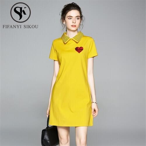 Summer Women Plus Size Dress Fashion Embroidery Polo collar Short Sleeve T-shirt Dress Female High quality Loose A-Line Dress