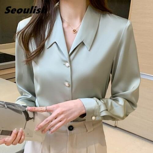 Seoulish 2021 New Stain Spring Summer Female Blouse Tops Long Sleeve Womens Shirt Turn-down Collar OL Style Office Lady Blouses