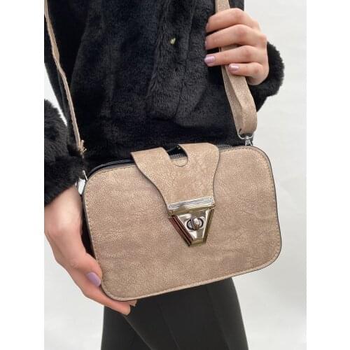 Bag Three Compartments Front Lock Detailed Womens Shoulder and Hand Bag Stylish Design Navy Blue Gray Burgundy Mink Red