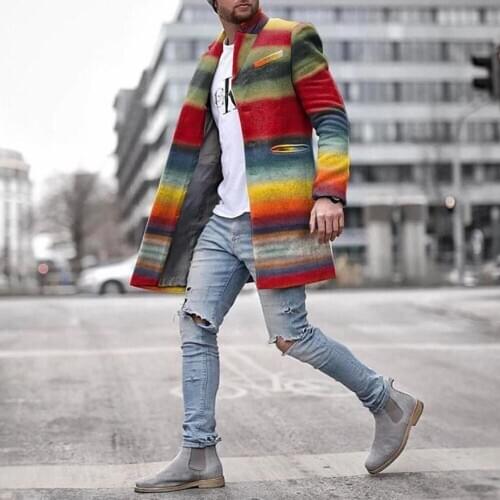 Men Trench Coat Rainbow Stripes Slim Single Breasted Turn-down Collar Long Sleeve Fall New Fashion Mens Coat Lugentolo