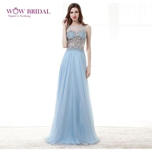 Wowbridal Graceful Crystal Prom Dress 2021 Boat Neck Sequins Beaded Sheer Open Back Chiffon A-Line Draped Long Ruffles Dress
