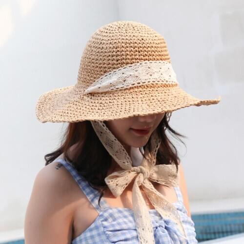 Women Foldable Crochet Knit Straw Lace Tie Large Brim Hat Sun Protection Sunhat Outdoor Streetwear Summer Beach Cap Gift