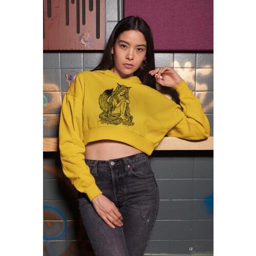Angemiel Wear Fox Women Yellow Short Hooded Sweatshirt