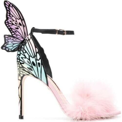 Women Furry High Heel Stilettos Open Toe Sandal Butterfly Wedding Shoes Buckle Genuins Leather Luxury Pink Bling Fashion