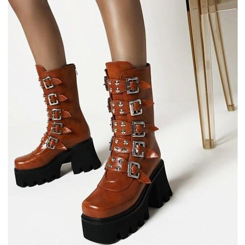 2021 Autumn Winter Platform Womens Boots Fashion Buckle Square High Heel Motorcycle Boots Ladies Round Toe Mid Calf Boots