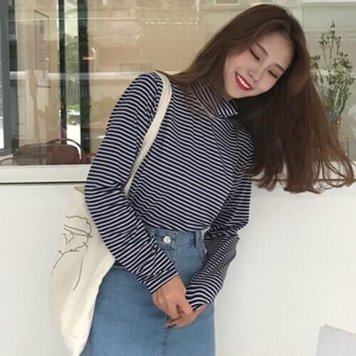 Women Striped Slim Pullover T-shirt Autumn Turtleneck Long Sleeve Basic Tops Shirts