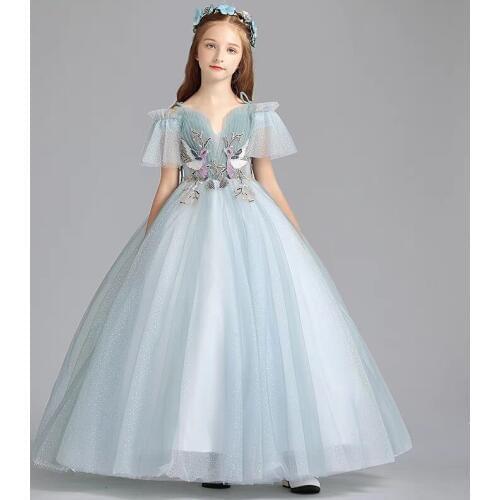 2021 Elegant New Children Girls Princess Shoulderless Dress Kids Teens Piano Costume Host Evening Dress Birthday Wedding Dress