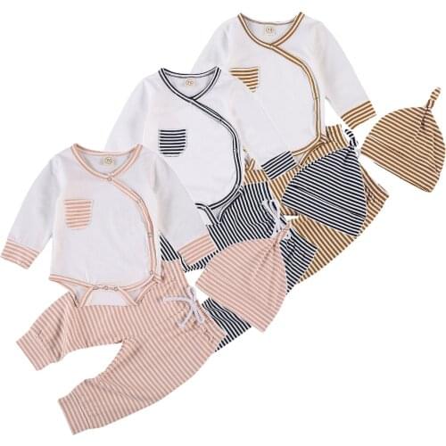Infant Newborn Baby Girls Boys 3Pcs Spring Autumn Clothes Set 100%Cotton Long Sleeve Pocket Bodysuits Striped Pants Hats