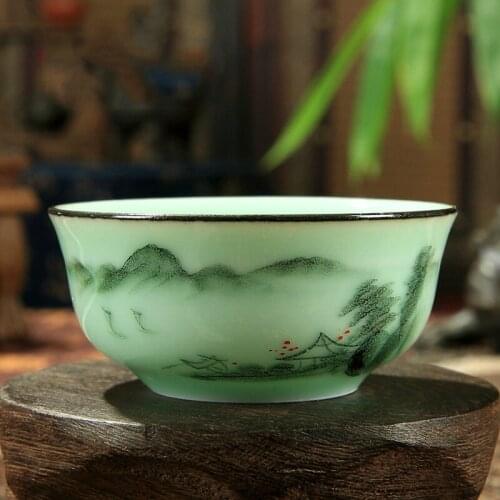 60ml Celadon Landscape/Orchid/Bamboo Rhyme Teacup Hand-painted Embossed Singer Carp Fish Creative Chinese Pu'er Cup 7*3.2cm