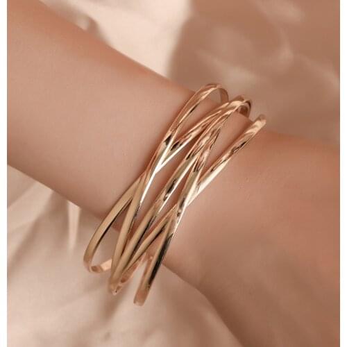 Simple Metal Crossed Opening Bangle Fashion Women Solid Color Multilayer Hollow Polished Cuff Bracelet Wristband Jewelry