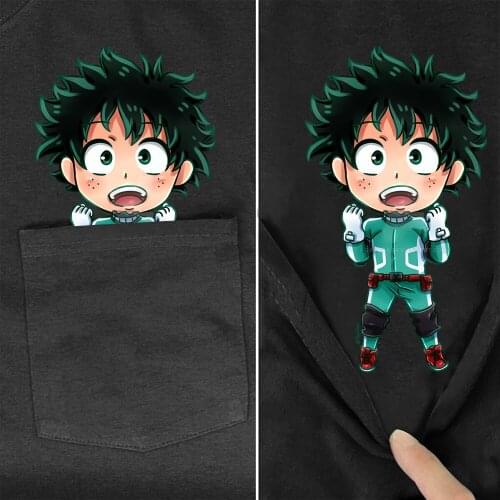 Anime My Hero Academia Cotton T-Shirt Fashion Summer Pocket Izuku Midoriya Printed T-Shirt Hip Hop Casual Tops Funny Cotton Tees