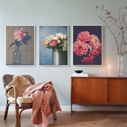 Unframed Flower Canvas Painting Nordic Style Wall Pictures Fashion Artistic Pink Rose Flowers Poster for Living Room