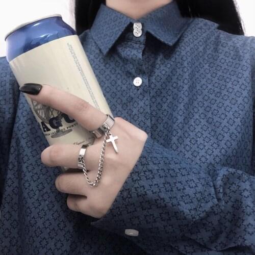 Punk Hip-Hop Cross Ring Hand Silver Color Plated Retro Finger Chain Adjustable Rings Jewelry Gift for Unisex Ring Party Rings