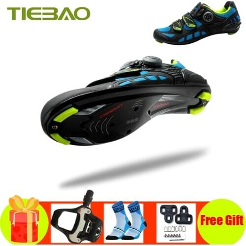 Tiebao Men Road Carbon Fiber Cycling Shoes Air Mesh Breathable Self-locking Ultralight Bicycle Pedals Athletic Cycling Sneakers