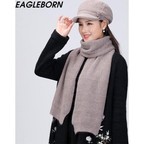 Fashion Hat Mom Hat Scarf Set Warm Hat Retro Beret Winter Cold Protection Grandma Plus Velvet Leisure Woolen Knitted Hat Women