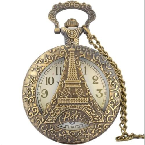 New Arrival Hot Sell 50pcs Hollowed Eiffel Tower Quartz Pocket Watch Pendant Fob Pocket Watch Gift Watches Collection Wholesale