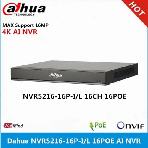 Original Dahua NVR5216-16P-I 16Channel 1U 16PoE ports WizMind Network Video Recorder max support 16MP Resolution 4K AI NVR