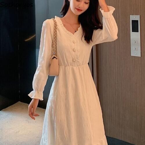 Dress Women White Long Sleeve Midi-dresses Pleated France Elegant Vintage V-neck Solid Simple A-line Trendy Ladies High-waist