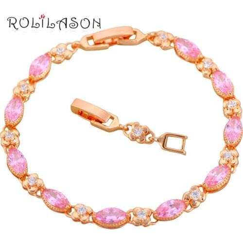 ROLILASON Top quality Golden Pink Zircon design Bracelets for women Health Nickel Lead free fashion jewelry TB1135