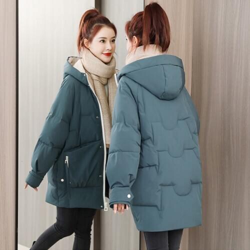 S-3XL 2021 Womens Mid-Length Down Cotton Jacket Korean Style Loose Hooded Knitting Thick Coat Overcoat Warm New