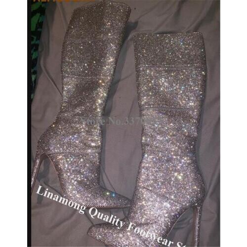 Linamong Bling Bling Pointed Toe Rhinestone Stiletto Heel Knee High Gladiator Boots Shining Silver Crystal Long High Heel Boots