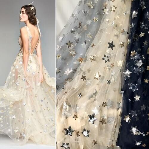 1Y/Lot Sequin Mesh Fabric Stars Embroidery Fabric for Dress Wedding Lace Decoration Custom DIY Lace Fabric