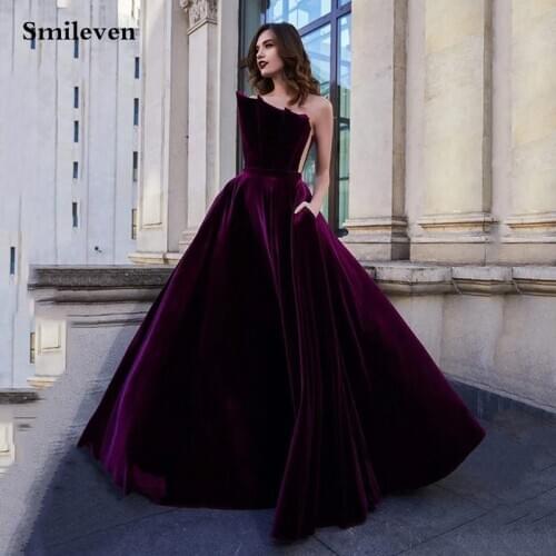 Smileven Purple Velvet Caftan Arabic Evening Dresses Sexy Strapless Dubai Formal Party Gown Plus Size s Longo Prom Gowns 2021