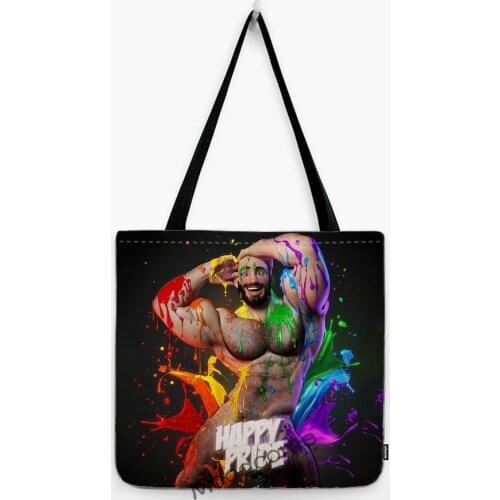 Happy Pride LGBT Gay Sexy Muscle Man Parade Art Water Resistant Tote Bag Customized Hunk Jock Rainbow Large Shopper Shoulder Bag