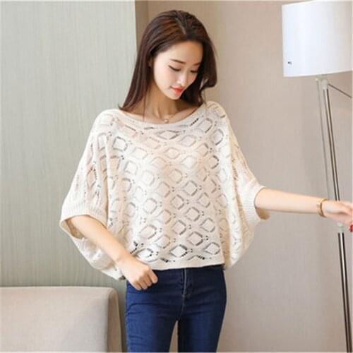 Thin Summer Women Pullover Short Sleeve Hollow Out Crochet Sweater Loose Ladies Sweater Jumper Tops Knit Causal Round Neck Top