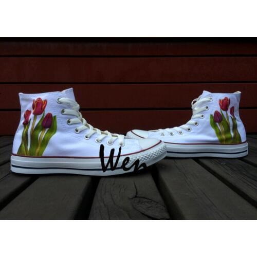Wen Design Custom Original Hand Painted Shoes Floral Tulips Flower Women Mens High Top Canvas Sneakers for Gifts