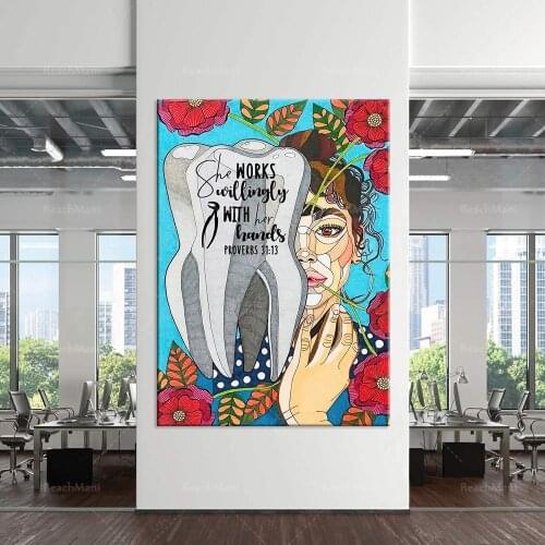 She is happy to hand vertical posters, dentist gifts, dental clinic decoration, dental decoration work posters