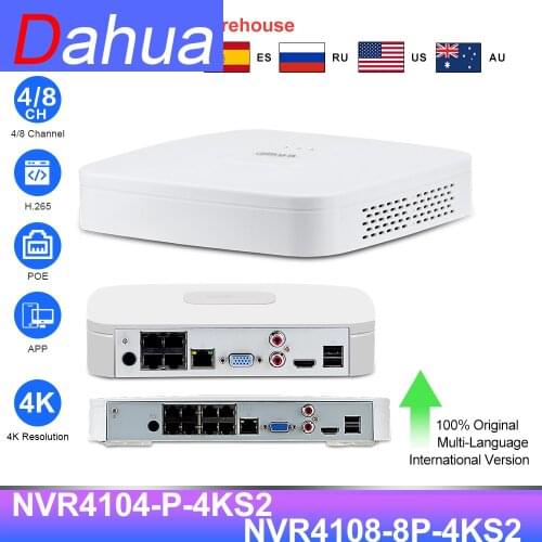 Dahua DH 4K PoE NVR 4CH NVR4104-P-4KS2 8CH NVR4108-8P-4KS2 with 4/8CH PoE H.265 CCTV Video Recorder Support ONVIF 2.4 SDK CGI