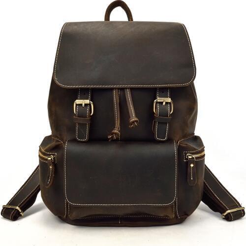 Luufan Vintage Design Men Women Girls Leather Backpack With Laptop Compartment 14 Inch Ipad Pocket Backpacks Brown Book Bag