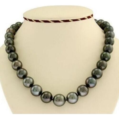 Jewelry Free Shipping stunningAAA 18inch natural 11-12mm black GREEN pearl necklace 14k