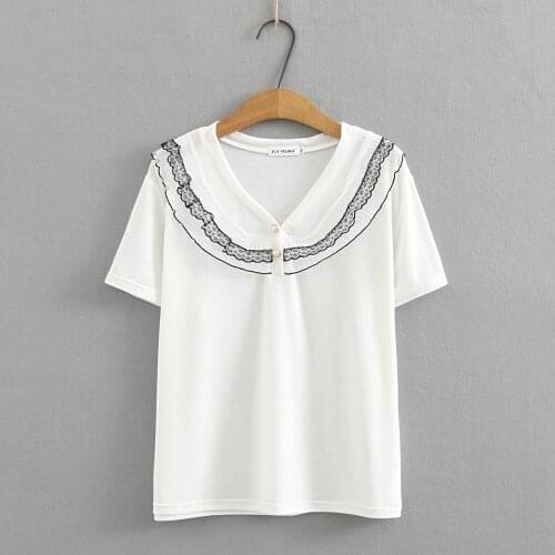 Plus size button Lace ice silk V-Neck short sleeves tshirt 2021 new summer casual black white ladies t shirts female top