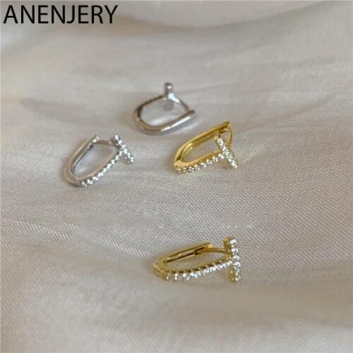 ANENJERY 925 Sterling Silver T-shaped Hoop Earring for Women GeometricCZ Gold Silver Jewelry Gifts S-E1389