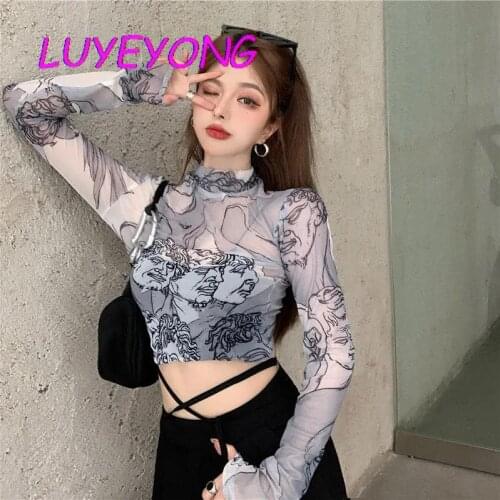 Lady Long Sleeve Stretch Sexy Transparent Streetwear Hip-hop Cool Top Women Gothic Charater Mesh Thin Short T Shirt 2021 Summer