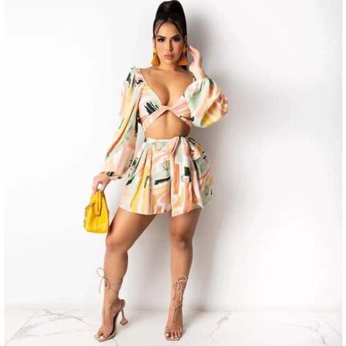 2021 High Quality New Design 2 pcs Women Set Print Ruched V-neck Short Tops Mini Dress Summer Sweet Outfits