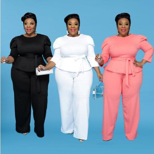 Drop-shipping Solid Plus Size Women Two Piece Sets Hottest O-neck Puffy Sleeve Sashes T-Shirts + Loose Pants Autumn Outfits