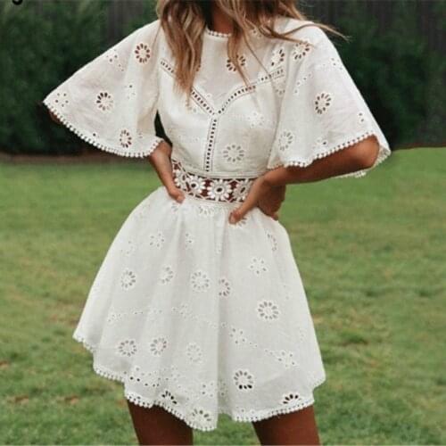 New Arrivals Sexy White Cotton Dress Crochet Hollow Out Dress Women Flare Sleeve Cotton Embroidery Mini Dress Summer Day Dress