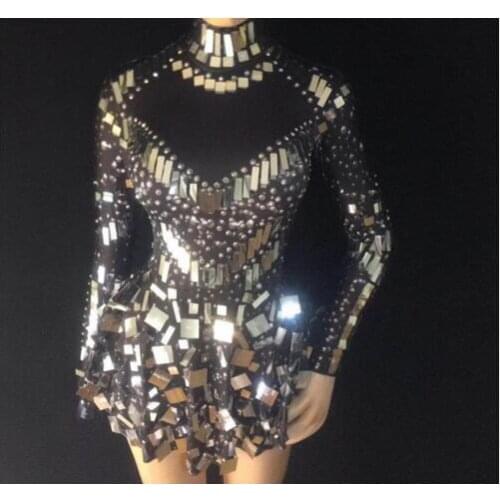 Fashion Sparkly Sequins Bodysuit Dress Rhinestones Dance Costume Womens Birthday Celebrate Party Leotard Female Outfit