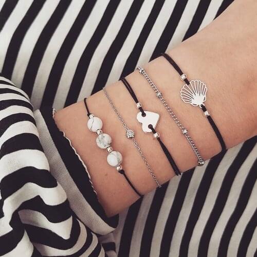 5 Pcs/Set Women Fashion Hollow Shell Heart Beaded Black Rope Bracelet Set Bohemian Retro Bangle Party Jewelry Accessories