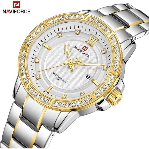 NAVIFORCE Watch Male Leisure And Fashion With Diamond Sliver Gold Luxury Steel Band Multiple Calendar Quartz Waterproof Wristwat