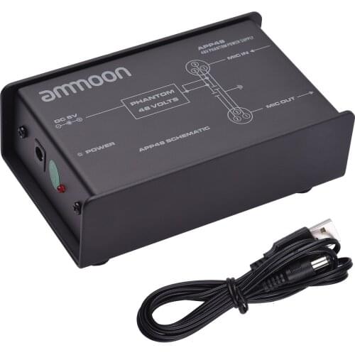 Ammoon 48V Low Noise Phantom Power Supply USB Condenser Microphone DC5V Phantom Power Boxes with Accessories Studio Music Record