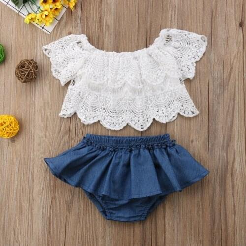 Summer Baby Girls Toddler Off Shoulder White Lace Tops+Denim Shorts Dress Outfits Clothes