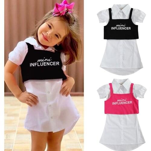 Little Girls Summer Casual 2Pcs Clothes Set, White Solid Color Short Sleeve Shirt Dress + Letters Printed Vest Tops, 2-7Years